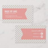 Linnen beige & roze moderne strepen & lint visitekaartje (Voorkant / Achterkant)