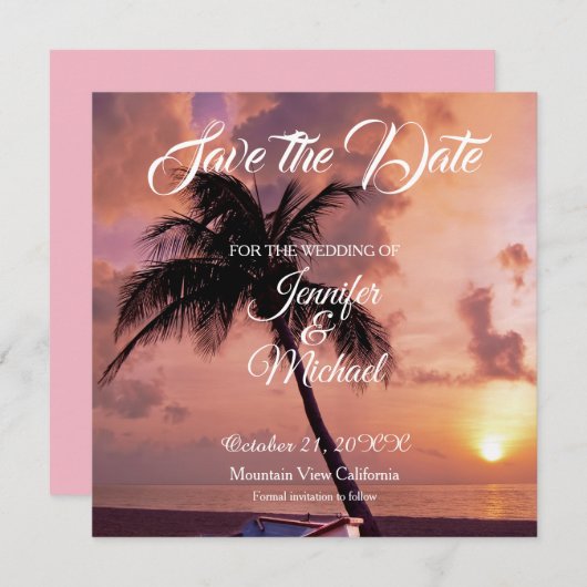 Linnen Bewaar de datum Bruiloft Palm Trees Exotisc Save The Date (Voorkant / Achterkant)