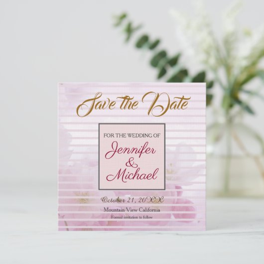 Linnen Bewaar de datum Bruiloft Roze Bloemen Elega Save The Date (Staand voorkant)