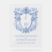 Linnen Blauw Crest Monogram Trouwbord Acryl Bord (Voorkant)