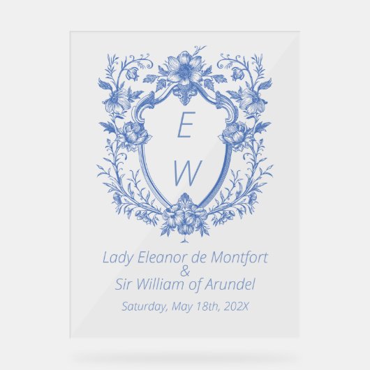 Linnen Blauw Crest Monogram Trouwbord Acryl Bord (Voorkant)