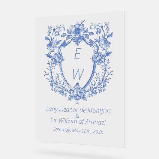 Linnen Blauw Crest Monogram Trouwbord Acryl Bord (Hoek)