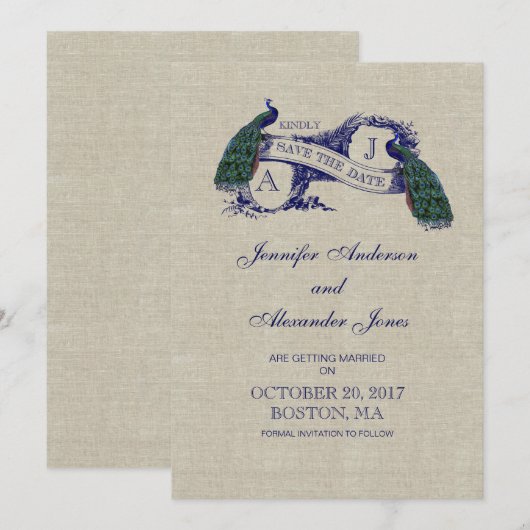 Linnen Blauwe Pauw Save the Date Kaart (Voorkant / Achterkant)