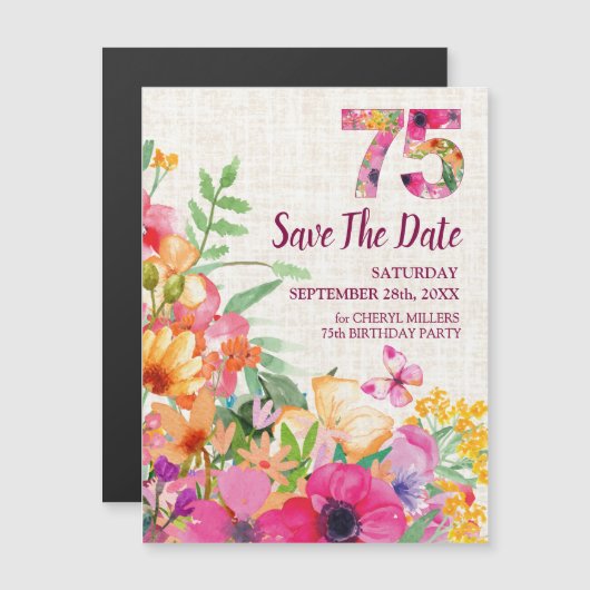 Linnen Bloemen 75e Verjaardag Save the Date Magnetische Uitnodiging (Voorkant / Achterkant)