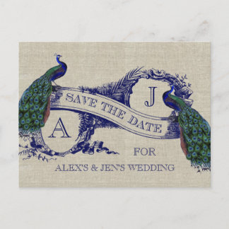 Linnen Blue Peacock Save the Date Briefkaart
