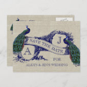 Linnen Blue Peacock Save the Date Briefkaart (Voorkant / Achterkant)