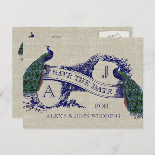 Linnen Blue Peacock Save the Date Briefkaart (Voorkant / Achterkant)