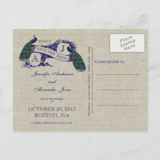 Linnen Blue Peacock Save the Date Briefkaart (Achterkant)