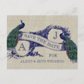 Linnen Blue Peacock Save the Date Briefkaart (Voorkant)