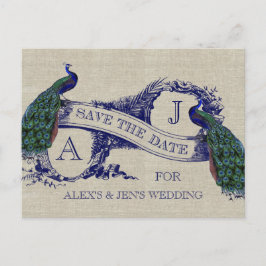 Linnen Blue Peacock Save the Date Briefkaart