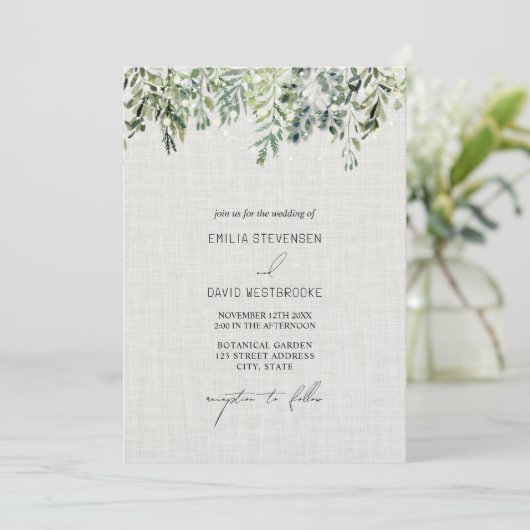 Linnen groen bruiloft uitnodiging (Staand voorkant)