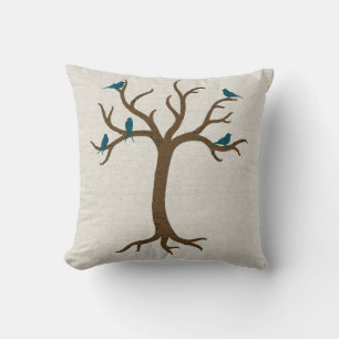 Linnen Look Boom met Blauwe Vogels Kussen