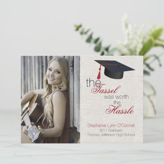 Linnen look foto Afstuderen aankondiging (Staand voorkant)