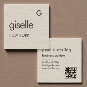 Linnen Monogram QR Code Minimalistisch Vierkante Visitekaartje