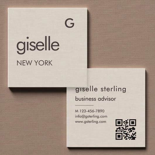 Linnen Monogram QR Code Minimalistisch Vierkante Visitekaartje