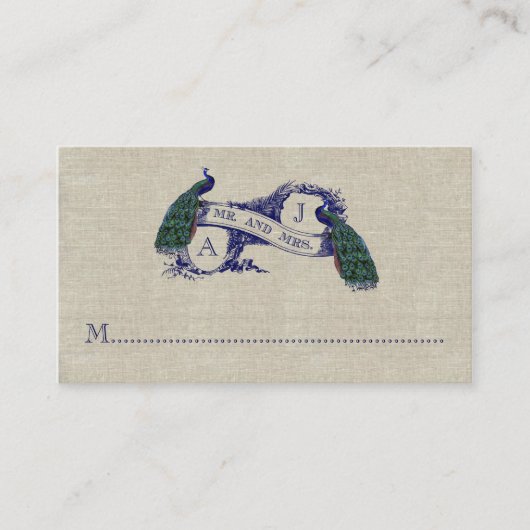 Linnen Peacock Rustic Wedding Place Card Plaatskaartje (Voorkant)