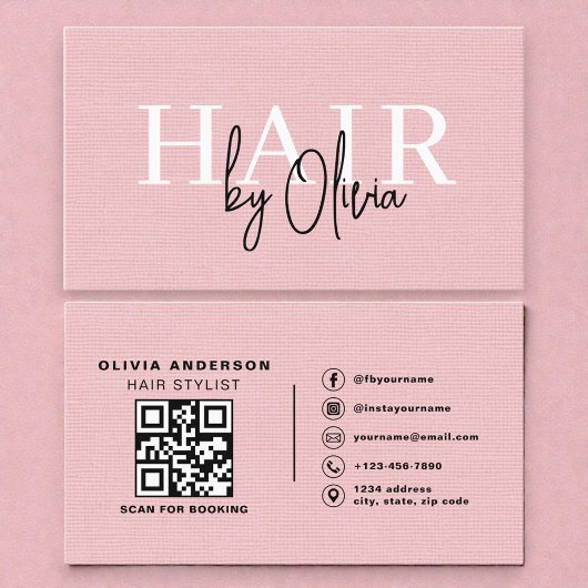 Linnen QR-code haarstylist roze typografie Visitekaartje