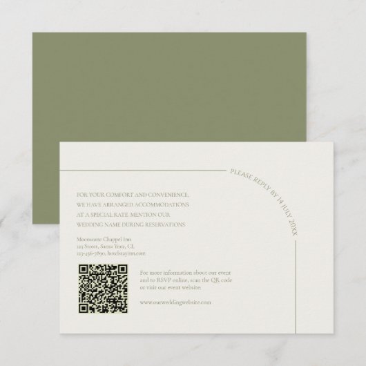 Linnen & Saliegroen met QR-code Boho Minimalist RSVP Kaartje (Voorkant / Achterkant)