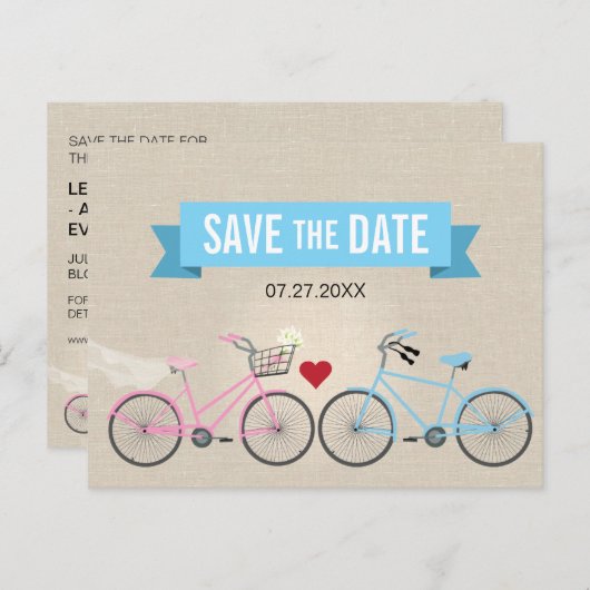Linnen stijl fiets bruiloft Save the Date Aankondigingskaart (Voorkant / Achterkant)