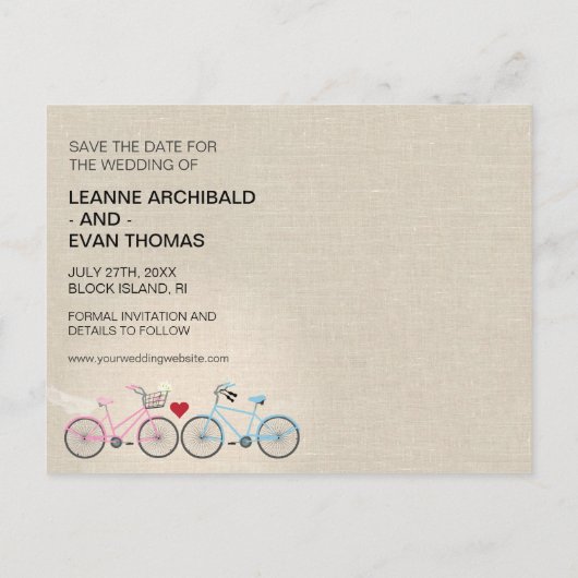 Linnen stijl fiets bruiloft Save the Date Aankondigingskaart (Achterkant)