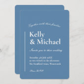 Linnen Stoffig Blauw Typografie Bruiloft Kaart (Voorkant / Achterkant)
