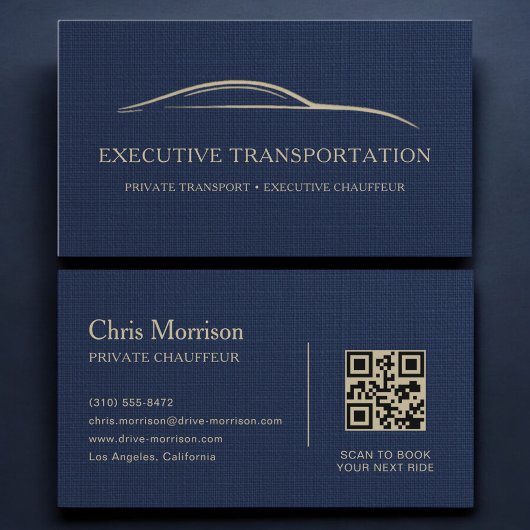 Linnen Transport Auto QR Code Marineblauw & Goud Visitekaartje