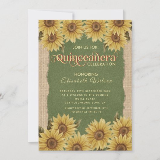 Linnen zonnebloem groen Quinceañera Invitati Kaart (Voorkant)