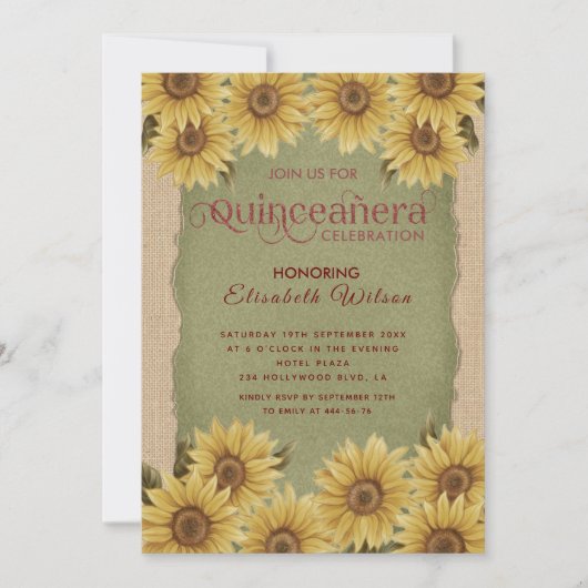 Linnen zonnebloem groen Quinceañera Kaart (Voorkant)