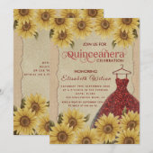 Linnen  zonnebloem rode jurk Quinceañera Kaart (Voorkant / Achterkant)