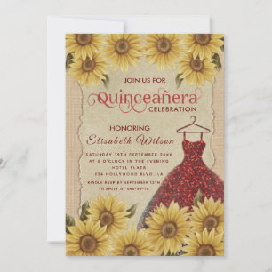 Linnen  zonnebloem rode jurk Quinceañera Kaart