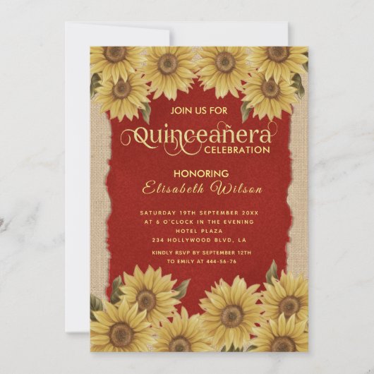 Linnen  zonnebloem rood Quinceañera Invitatio Kaart (Voorkant)