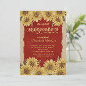 Linnen  zonnebloem rood Quinceañera Invitatio Kaart (Staand voorkant)