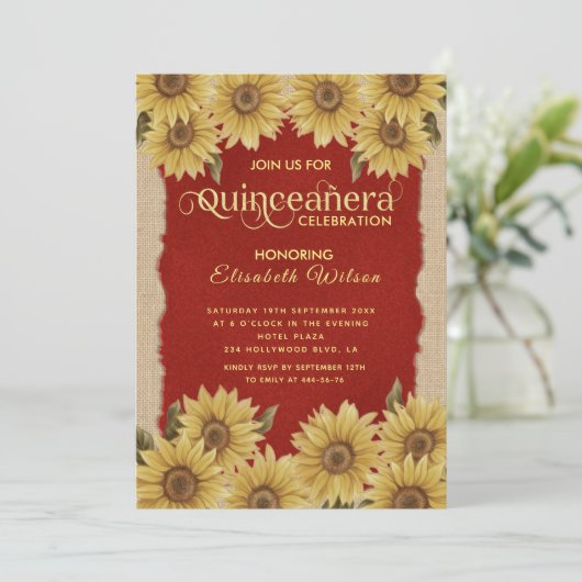 Linnen  zonnebloem rood Quinceañera Invitatio Kaart (Staand voorkant)