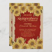 Linnen  zonnebloem rood Quinceañera Invitatio Kaart (Voorkant / Achterkant)