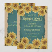 Linnen  zonnebloem turquoise Quinceañera Kaart (Voorkant / Achterkant)