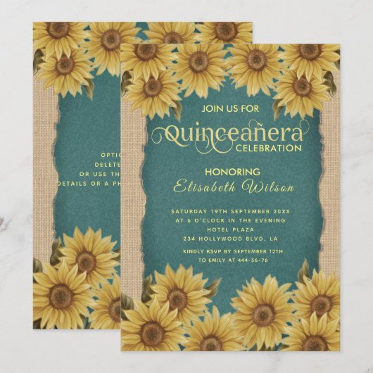 Linnen  zonnebloem turquoise Quinceañera Kaart (Voorkant / Achterkant)
