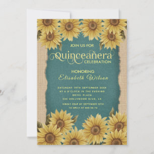 Linnen  zonnebloem turquoise Quinceañera Kaart