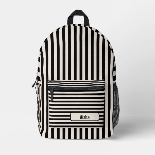 Linnen Zwart  gestreept naam Bedrukte Rugzak (Voorkant)
