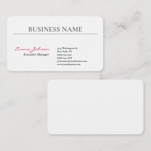 Linnen Zwart Wit Roze Elegant Modern Eenvoudig Visitekaartje (Voorkant / Achterkant)