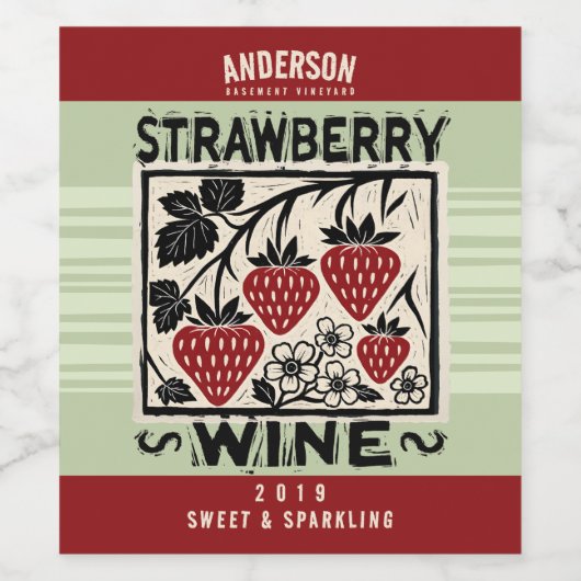 Linocut aardbei zelfgemaakte wijn struik hartelijk wijn etiket (Enkel label)