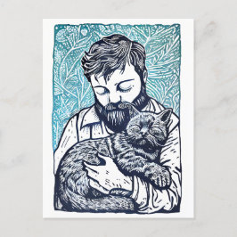 Linocut Bearded Man met een kat Briefkaart