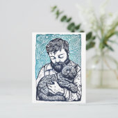 Linocut Bearded Man met een kat Briefkaart (Staand voorkant)