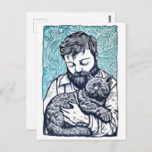 Linocut Bearded Man met een kat Briefkaart (Voorkant / Achterkant)