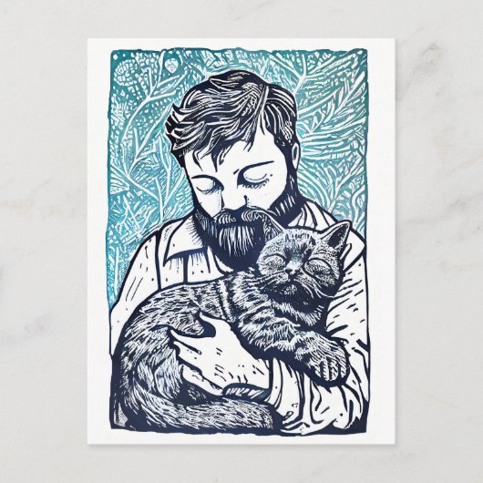 Linocut Bearded Man met een kat Briefkaart (Voorkant)