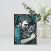 Linocut Bearded Man met een kat Briefkaart (Staand voorkant)