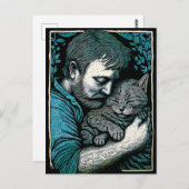 Linocut Bearded Man met een kat Briefkaart (Voorkant / Achterkant)