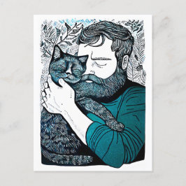 Linocut Bearded Man met een kat Briefkaart
