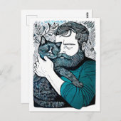 Linocut Bearded Man met een kat Briefkaart (Voorkant / Achterkant)