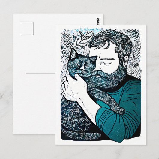 Linocut Bearded Man met een kat Briefkaart (Voorkant / Achterkant)