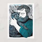 Linocut Bearded Man met een kat Briefkaart (Voorkant)
